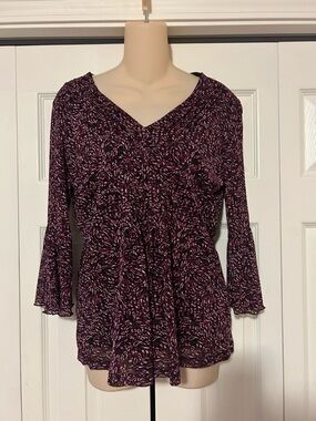 Worthington Burgundy and Pink V-Neck Long Sleeve Blouse
